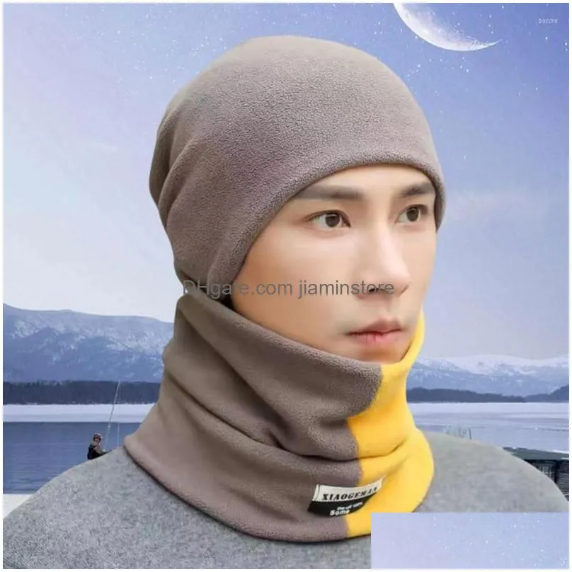 Other Fashion Accessories Berets 2Pcs/Set Ear Protection Windproof High Elastic Hat Scarf Set Men Autumn Winter Color Block Fleece Nec Dhhod