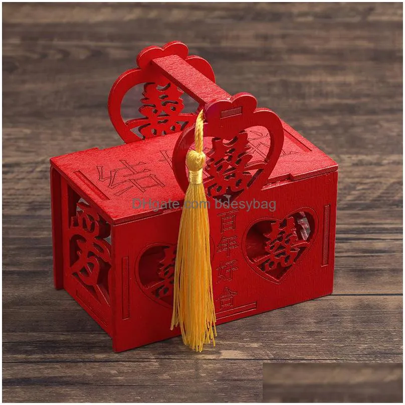 creative design wood chinese double happiness wedding favor boxes candy box chinese red classical sugar case with tassel lx1419