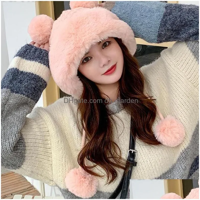 berets winter beanie hats for women warm knit bear with 4 pompoms and wide faux fur brim cold days daily life wear