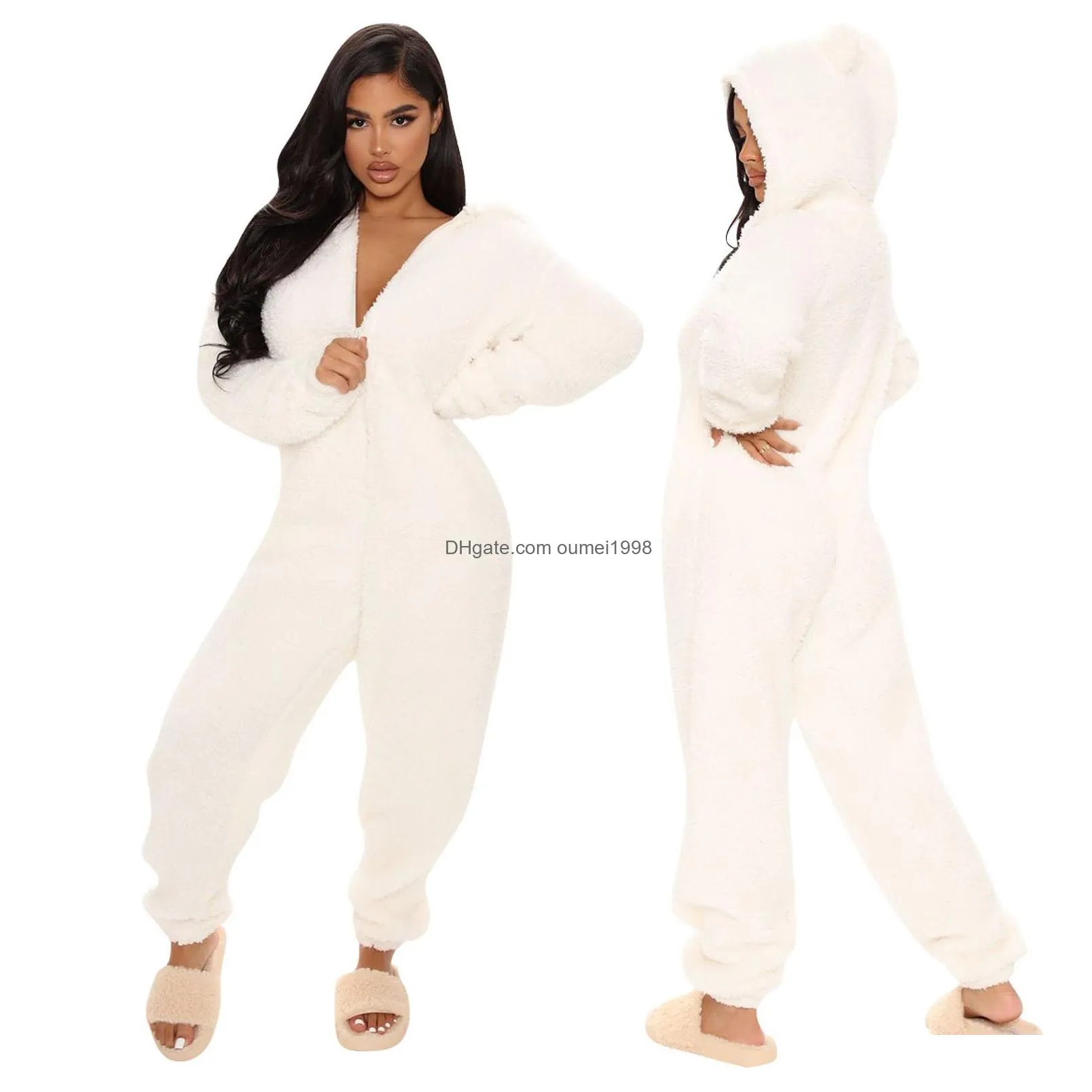 Women`S Jumpsuits & Rompers Jumpsuits Rompers Autumn And Winter Long-Sleeved Hooded Casual Trousers Plush Home Service Pajamas Cute Dr Dhalp