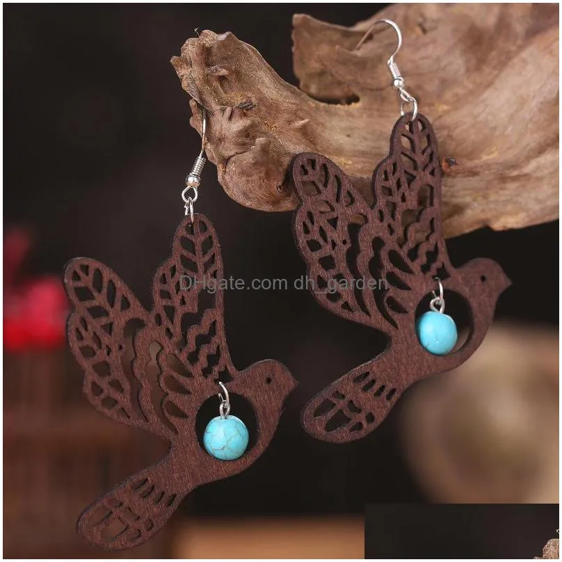 dangle chandelier geometric abstract natural wood honeycomb turquoise drop earrings cutout butterfly bird sunflowers jewelry for women