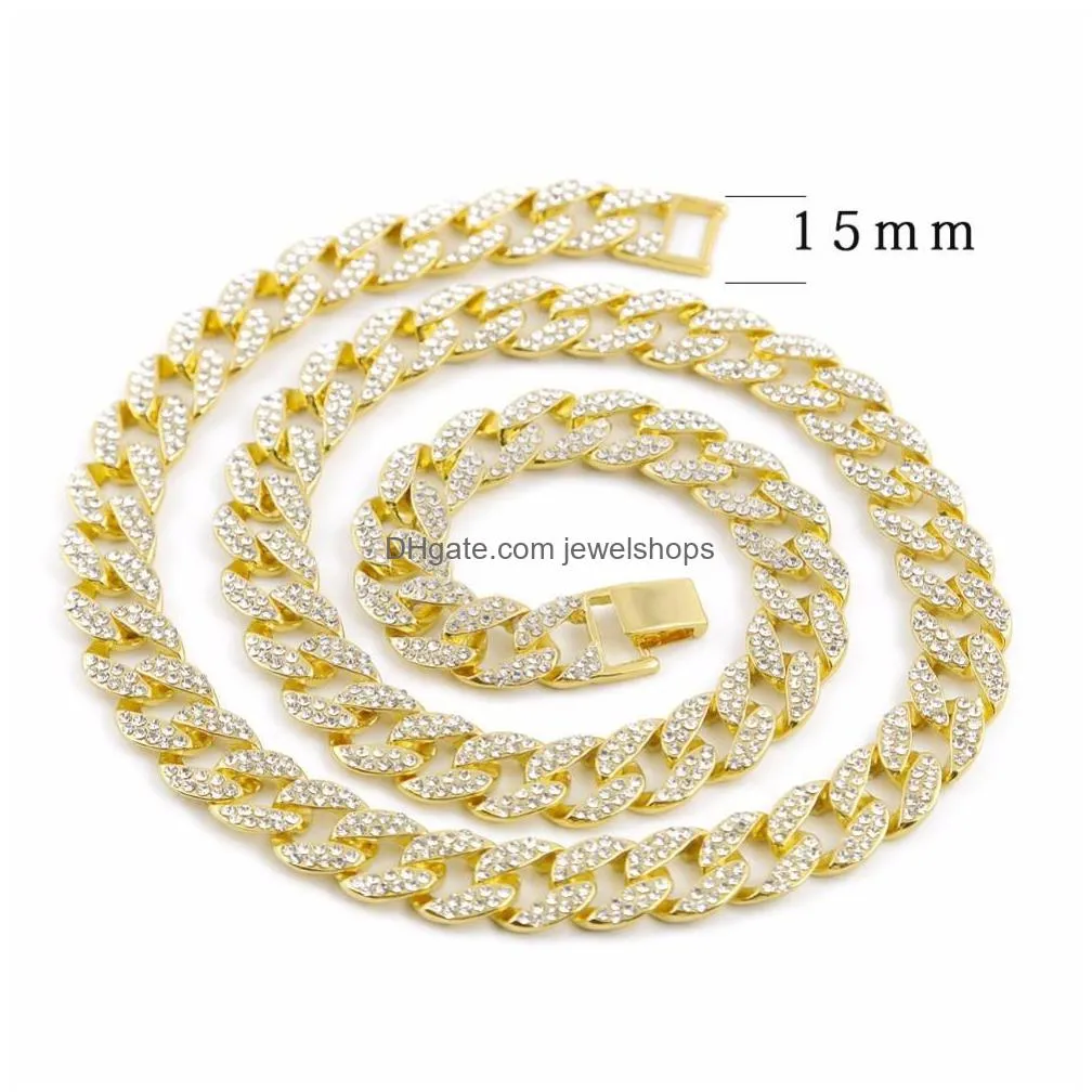 Chains 15Mm  Cuban Link Chain Necklaces 30 16 18 20 22 24Inches 18K Gold Plated Iced Out Bling Rhinestone Chains Sier Rose Fashio Dhabx