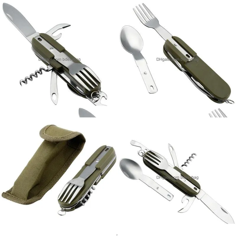 army green folding portable stainless steel camping picnic cutlery knife fork spoon bottle opener flatware tableware travel kit lz0821