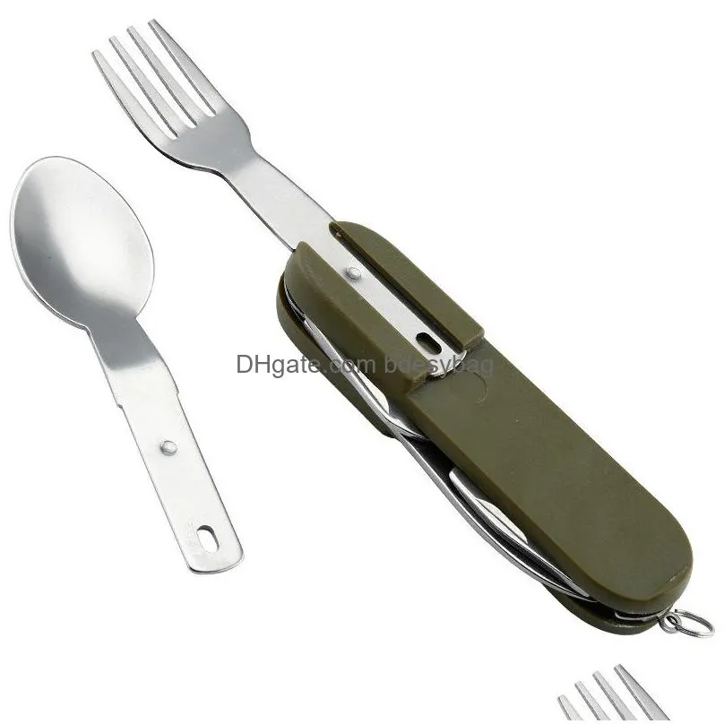 army green folding portable stainless steel camping picnic cutlery knife fork spoon bottle opener flatware tableware travel kit lz0821
