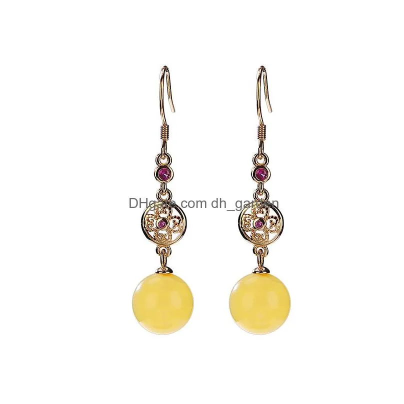 dangle earrings 925 sterling silver goldplated natural amber beeswax round beads hollow flower ladies temperament