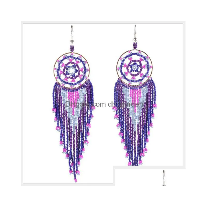 dangle chandelier earrings fashion long pendant round tassel colored rice beads weave