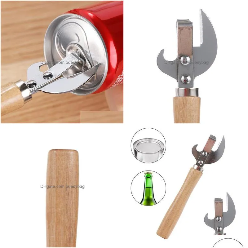 multifunction easy manual side cut metal beer bottle opener stainless steel wood handle can opener kitchen tools lx01483