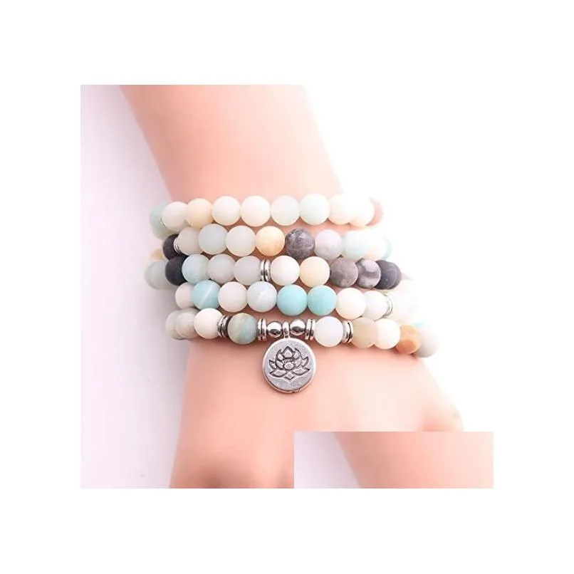 JLN Yoga 108 Malas Buddhism Bracelet Fashion Life Tree Lotus OM Buddha Charm Amazonite beads Yoga Meditation Multi layer Bracelet