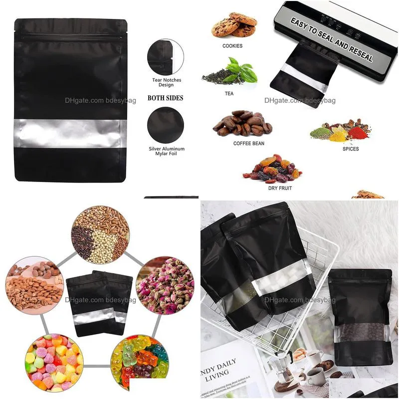 resealable mylar bags with window black aluminium self seal bag smell proof kitchen storage clear packaging bag lx4714