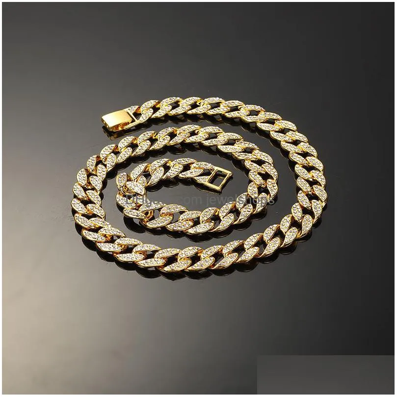 Chains 15Mm  Cuban Link Chain Necklaces 30 16 18 20 22 24Inches 18K Gold Plated Iced Out Bling Rhinestone Chains Sier Rose Fashio Dhabx