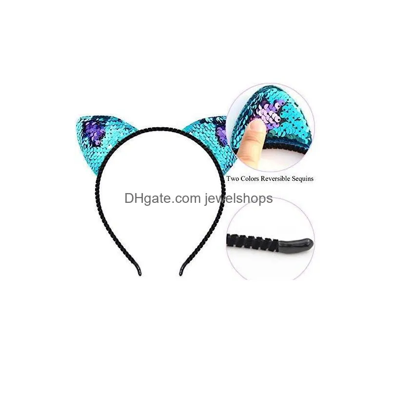 Headbands 12 Pcs Sequin Cat Ears Headband Shiny Ear Hair Hoops Cute Bling Kitty Hairband Accessories For Girls Women D Drop Delivery J Dhnwc