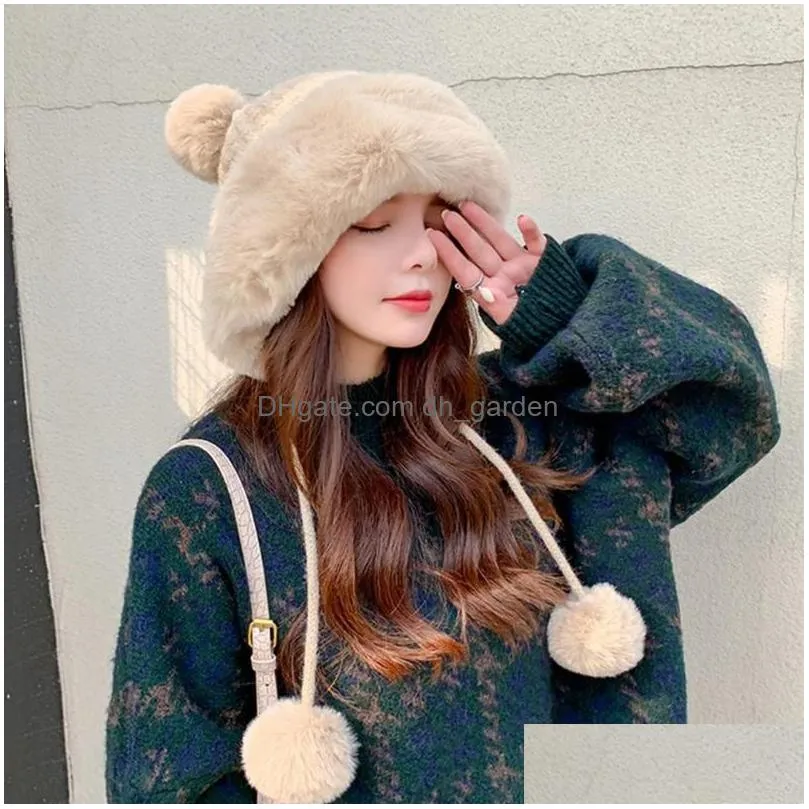 berets winter beanie hats for women warm knit bear with 4 pompoms and wide faux fur brim cold days daily life wear