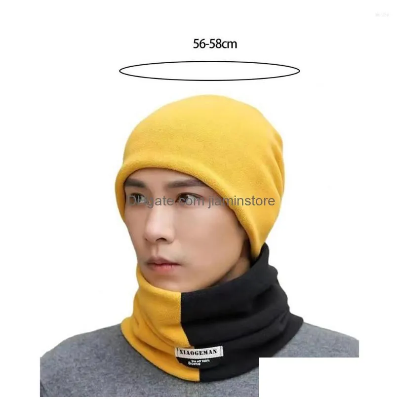 Other Fashion Accessories Berets 2Pcs/Set Ear Protection Windproof High Elastic Hat Scarf Set Men Autumn Winter Color Block Fleece Nec Dhhod