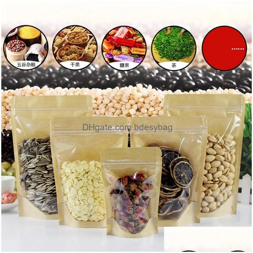 kraft paper zipper lock food packing bags reusable plastic front transparent stand up pouch gift candy baking snack bag lx1800