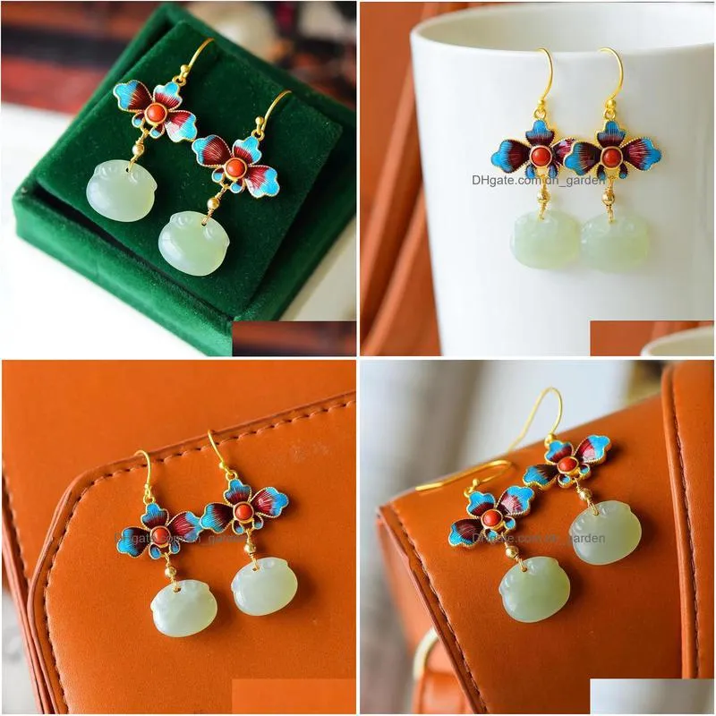 dangle chandelier designer original enamel porcelain gilt natural hetian jade geometric earrings retro exquisite ladies silver