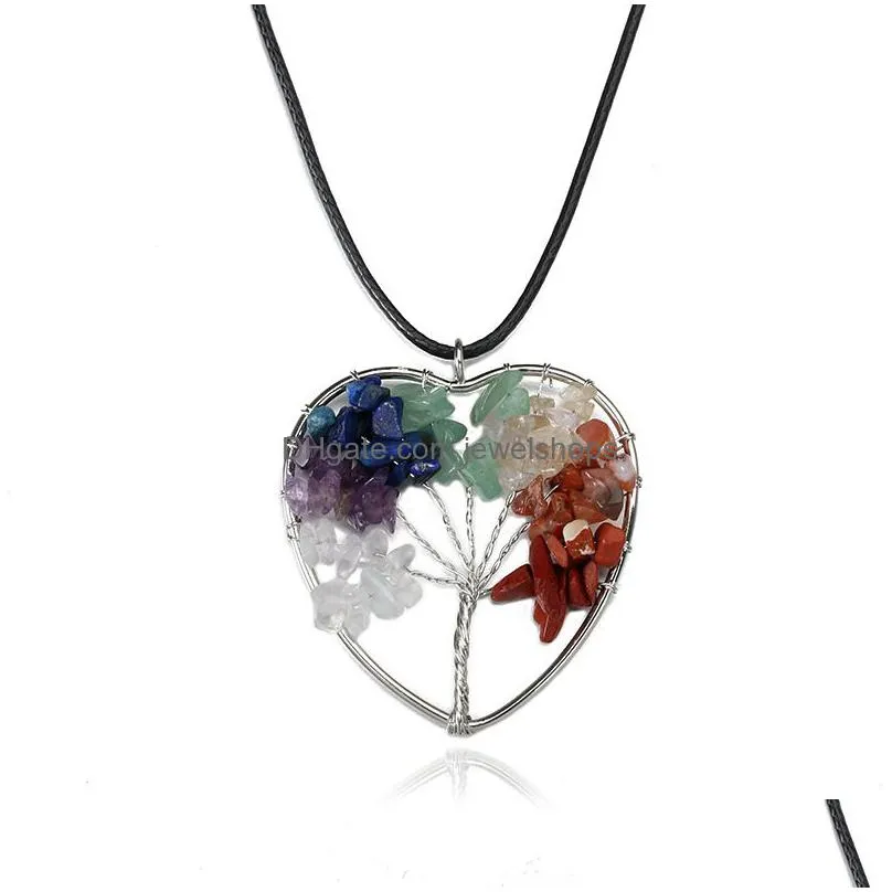 Pendant Necklaces Tree Of Life Pendant Necklace Mticolor Chakra Natural Stone Gemstone Rope Chain Women Heart Pendum Fashion Crystal J Dhsah