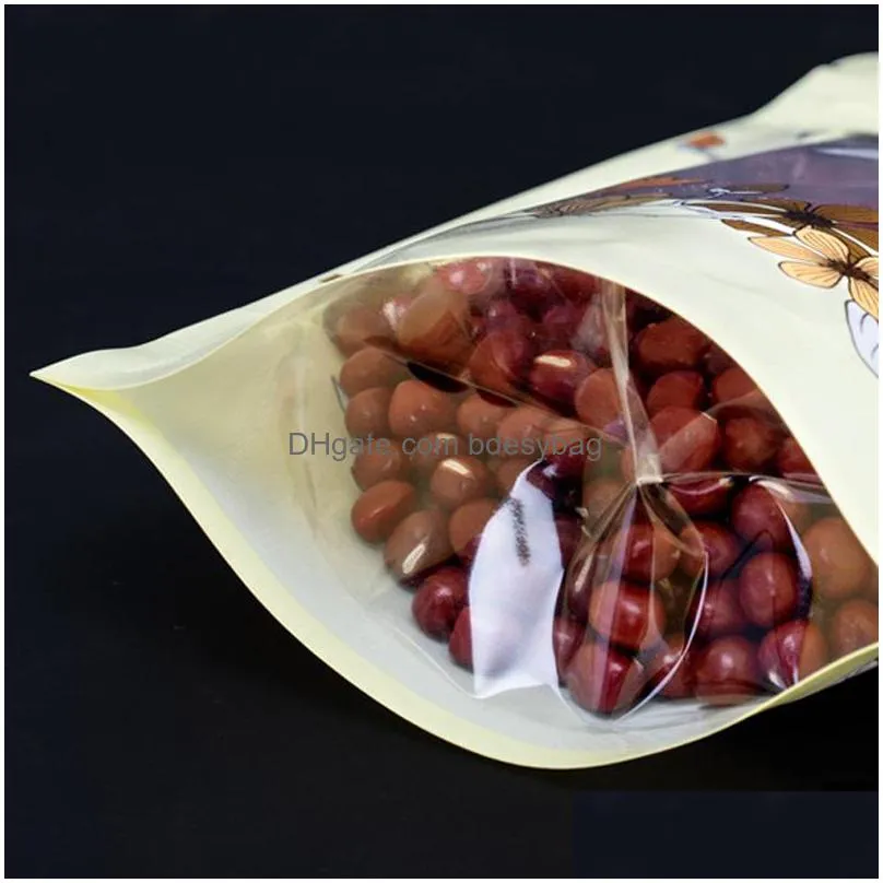 7 size transparent window stand up self seal bag color flower printed nut biscuit food plastic packaging bag wholesale lx3701