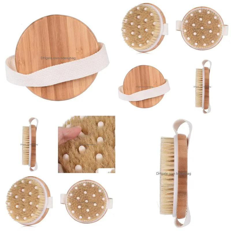 cellulite circulation massage brush with natural bristles round bamboo shower body bath brush for wet or dry brushing back w0283