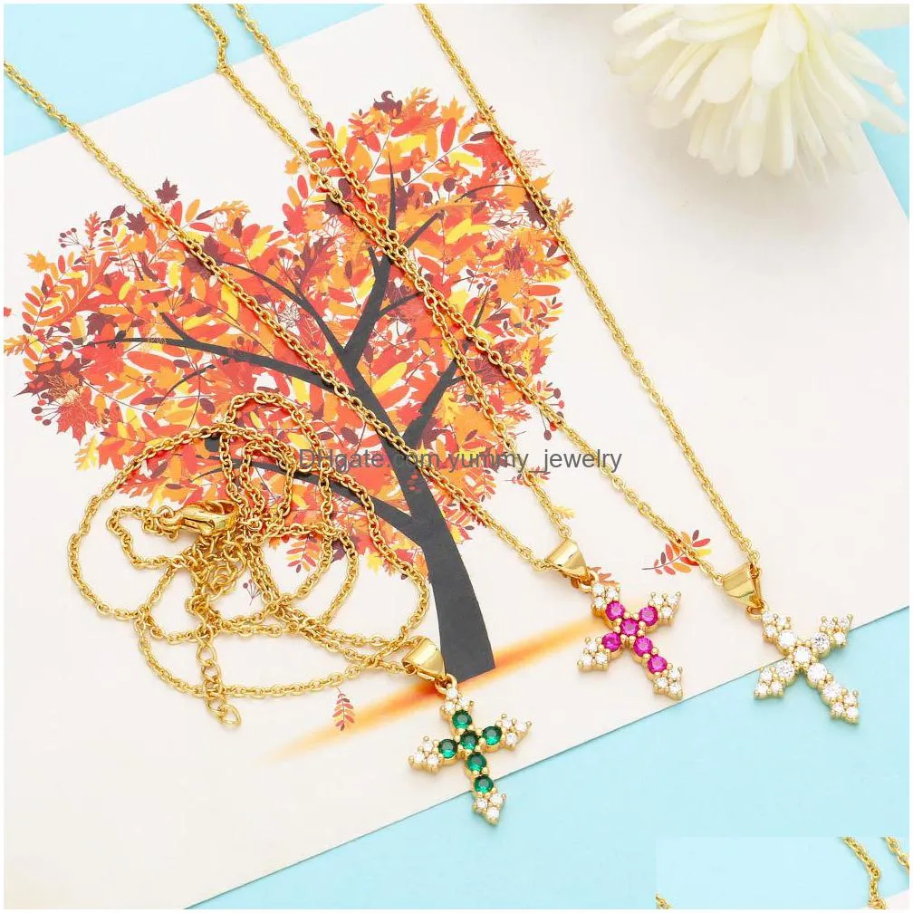 Pendant Necklaces Voleaf Relius Cross Necklaces For Men Cz Genunine Gold Plated Copper Trendy Rainbow Christianity Jewelry Vne111 Drop Dhrsd