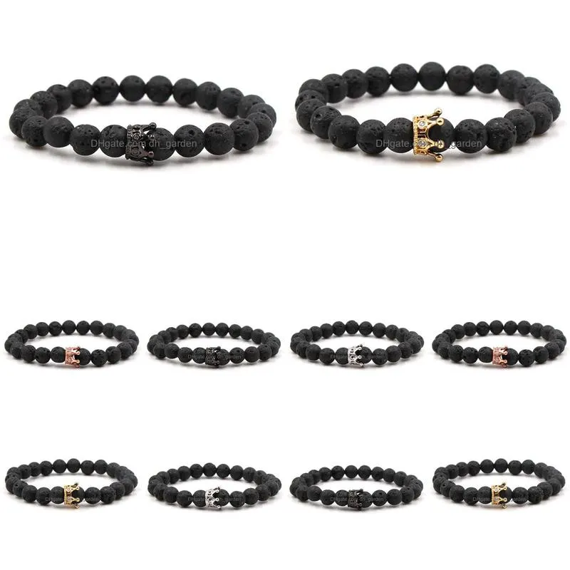 Charm Bracelets Fashion Sier Gold Plated Crown Natural Black Lava Stone Elastic Bracelet Aromatherapy Essential Oil Diffuser Dhgarden Dhq4X