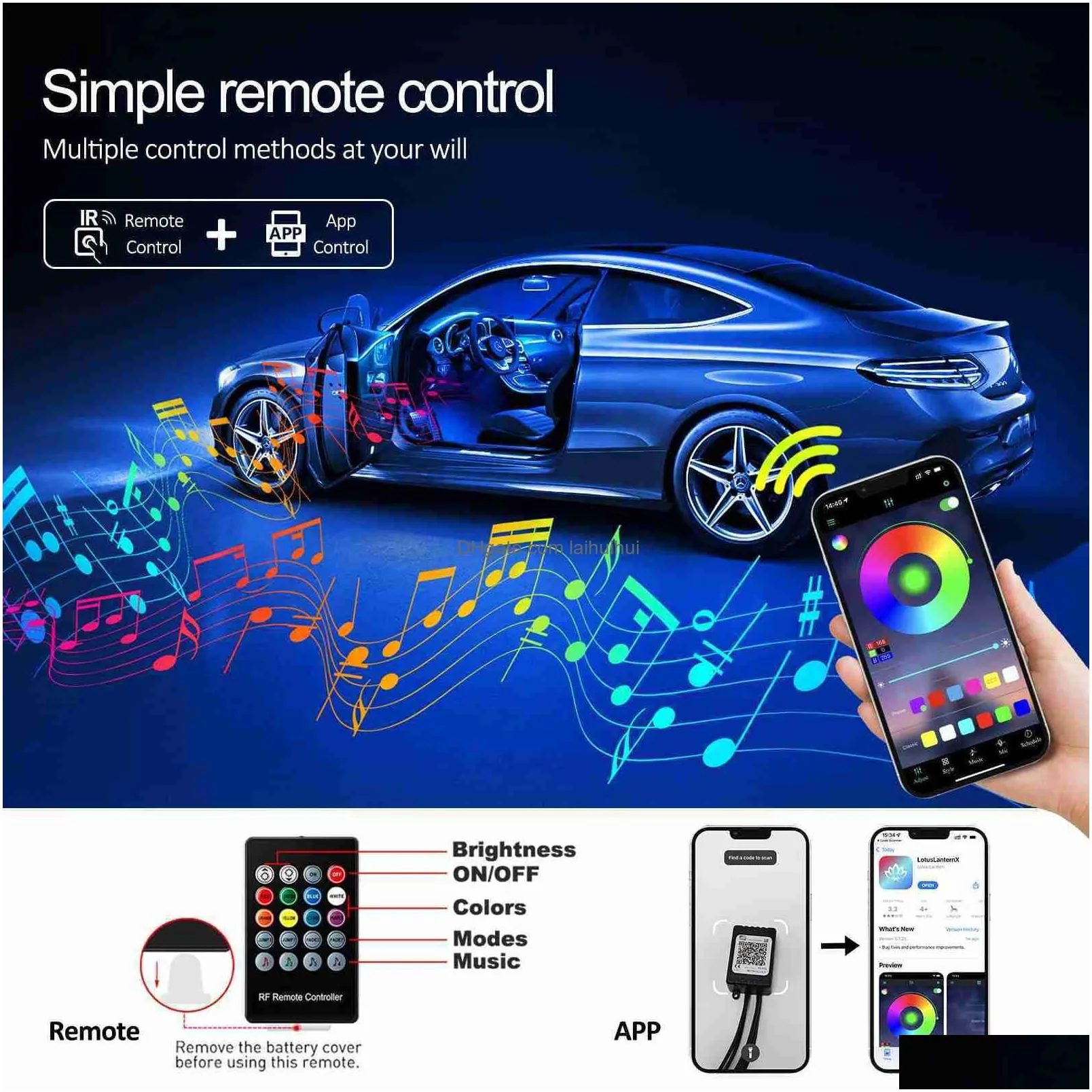 Decorative Lights Sign Led Car Interior Ambient Rgb Fiber Optic Lighting Kit With App Music Control Neon Atmosphere Lamps Strips Dro Dhwql