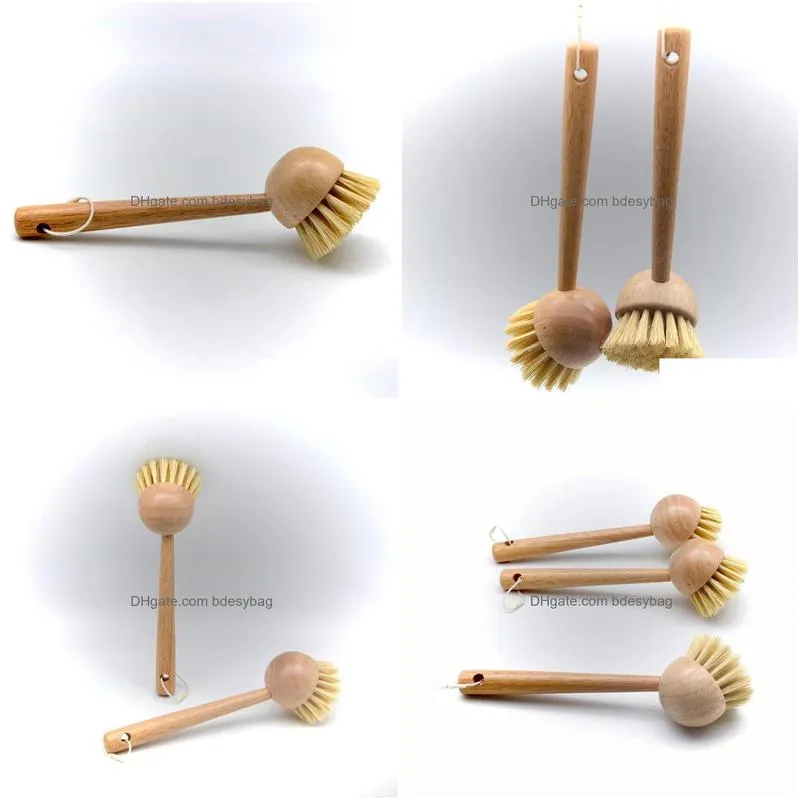 144pcs/lot long handle pan pot brush wood round head cleaning brush dish bowl tableware washing brush kitchen floor cleaning tool