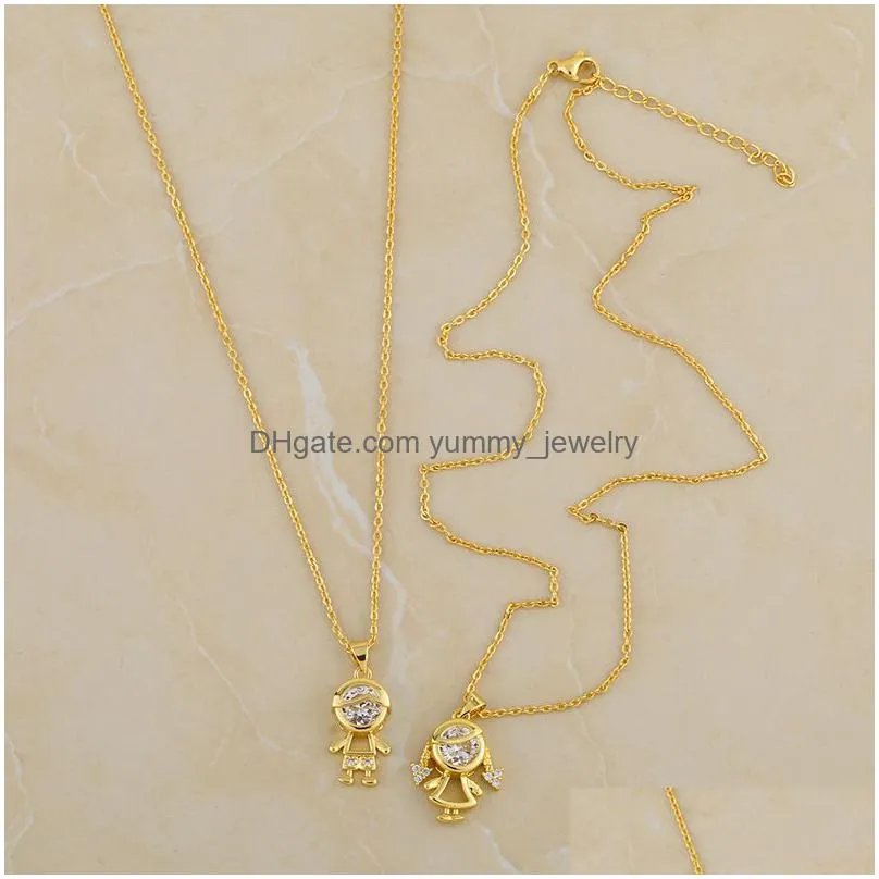 Pendant Necklaces Voleaf 2023 Brass Cute Boy And Girl Pendant Necklaces For Child Gold Plated Charm Zircon Sweet Jewellry Family Gift Dhm6X