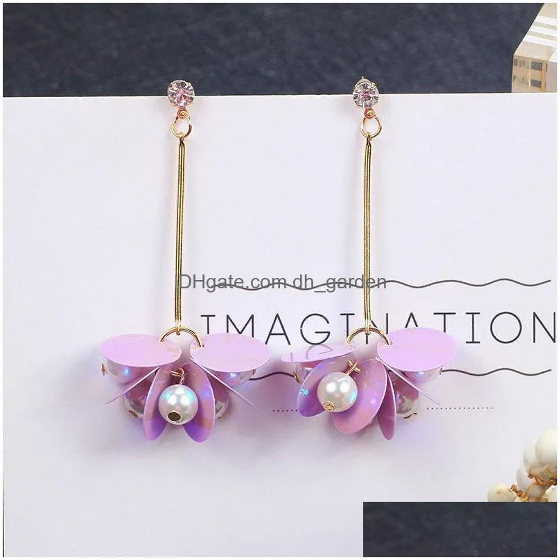 dangle chandelier lovoacc multiple korean laser purple color sequin earrings for women simulated pearl yarn glitter circle flower