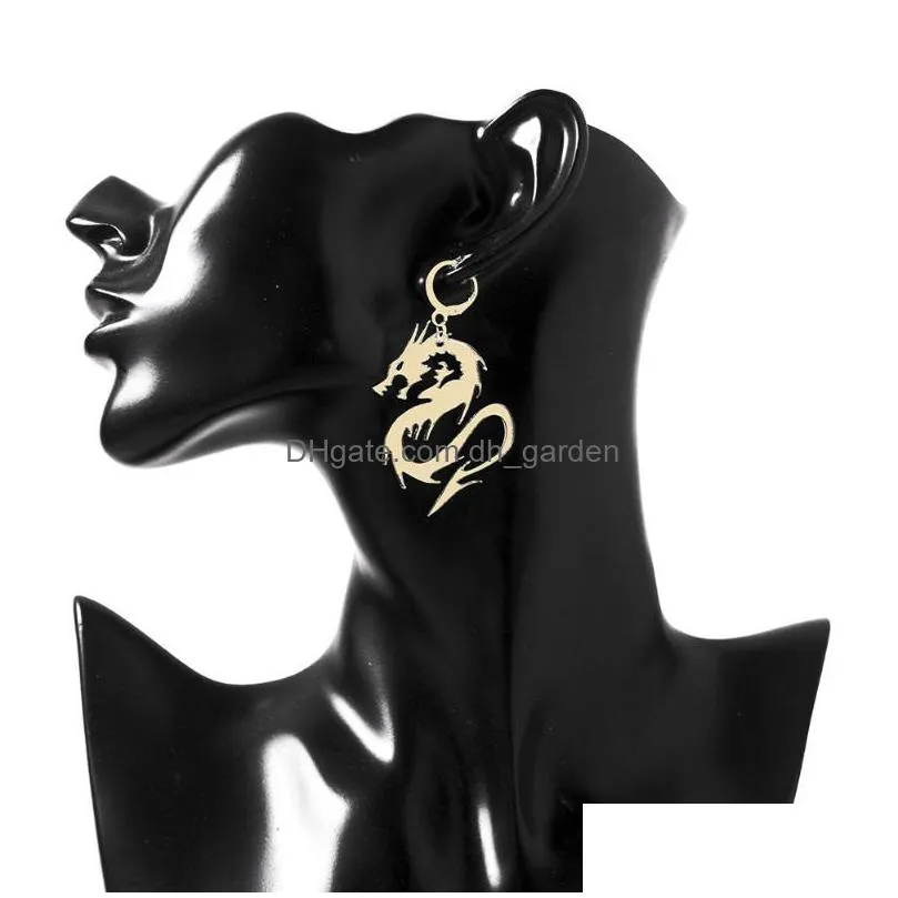 dangle chandelier chinese style mirror surface arcylic dragon earrings for women cool black gold silver color twisted animal drop