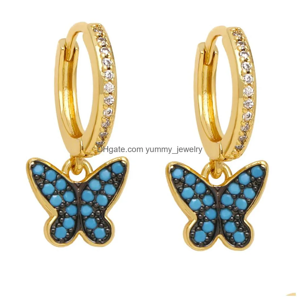 Charm Gold Plated Hoops Black And Green Butterfly Earrings For Women Copper Zircon Dangle Small Crystal Jewelry Drop Delivery Jewelry Dhjio