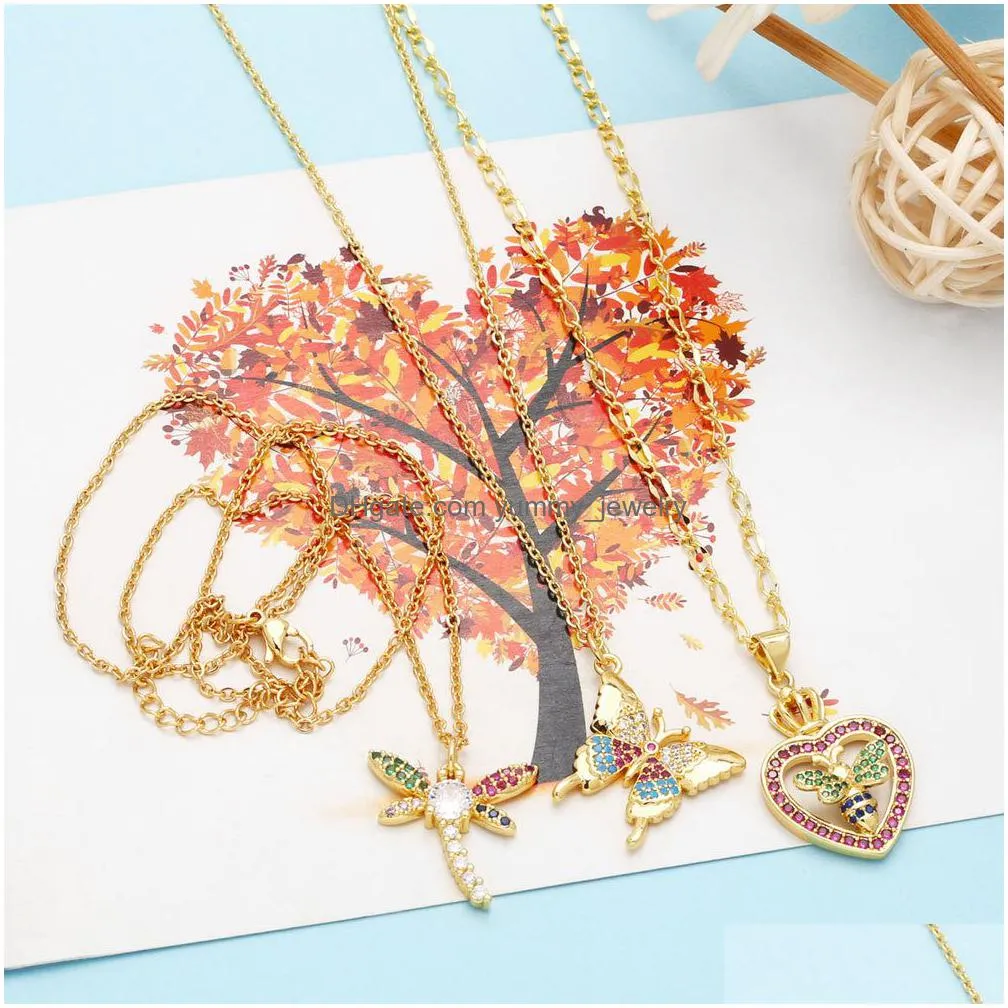 Pendant Necklaces Colorf Zircon Butterfly Bee Dragonfly Pendant Necklace Fashion Cubic Zirconia Gold Chain Jewlery Drop Delivery Jewel Dheyi