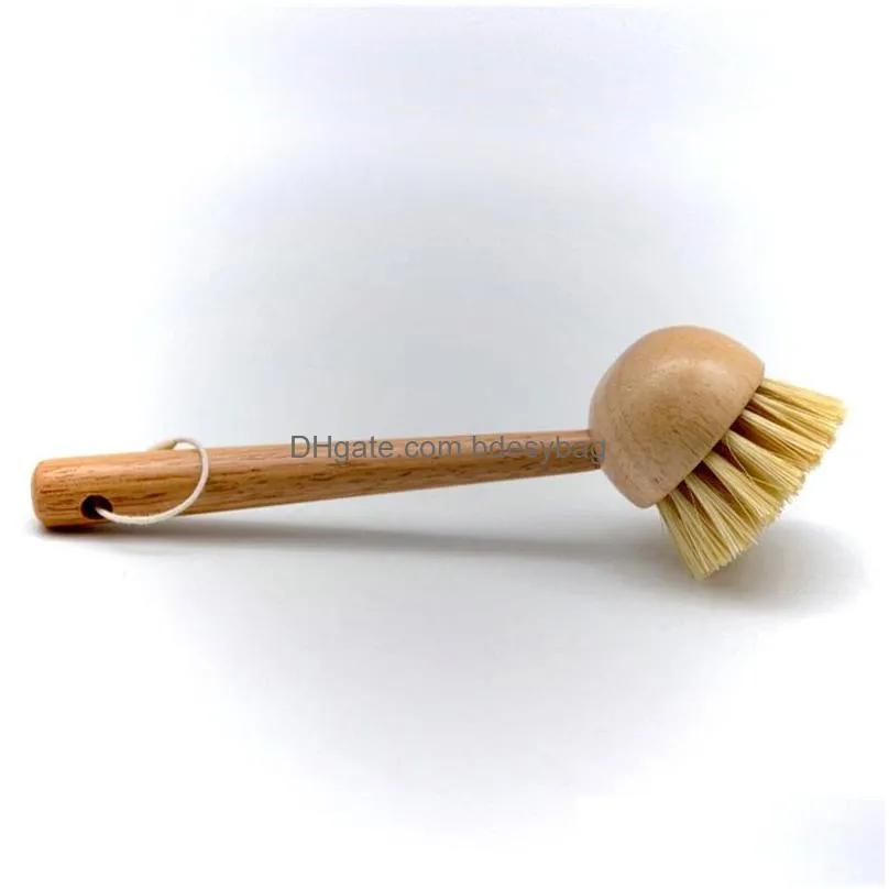 144pcs/lot long handle pan pot brush wood round head cleaning brush dish bowl tableware washing brush kitchen floor cleaning tool