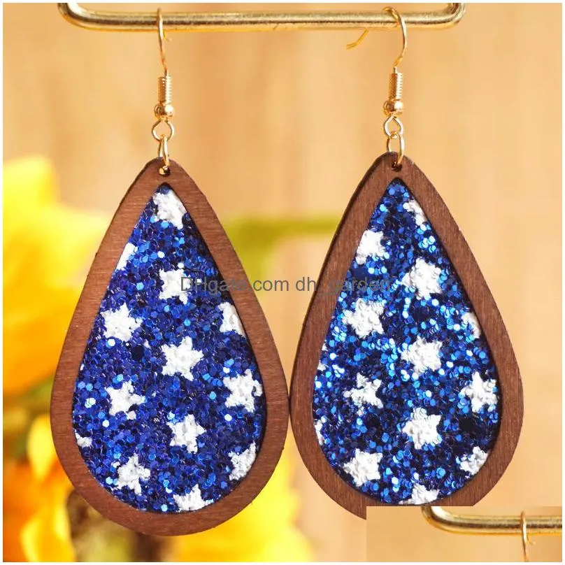 dangle chandelier teardrop stars and stripes glitter leather wood drop earrings for women