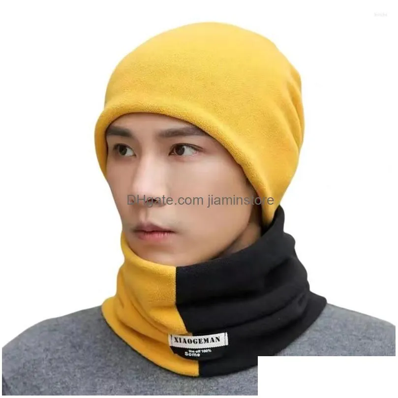 Other Fashion Accessories Berets 2Pcs/Set Ear Protection Windproof High Elastic Hat Scarf Set Men Autumn Winter Color Block Fleece Nec Dhhod