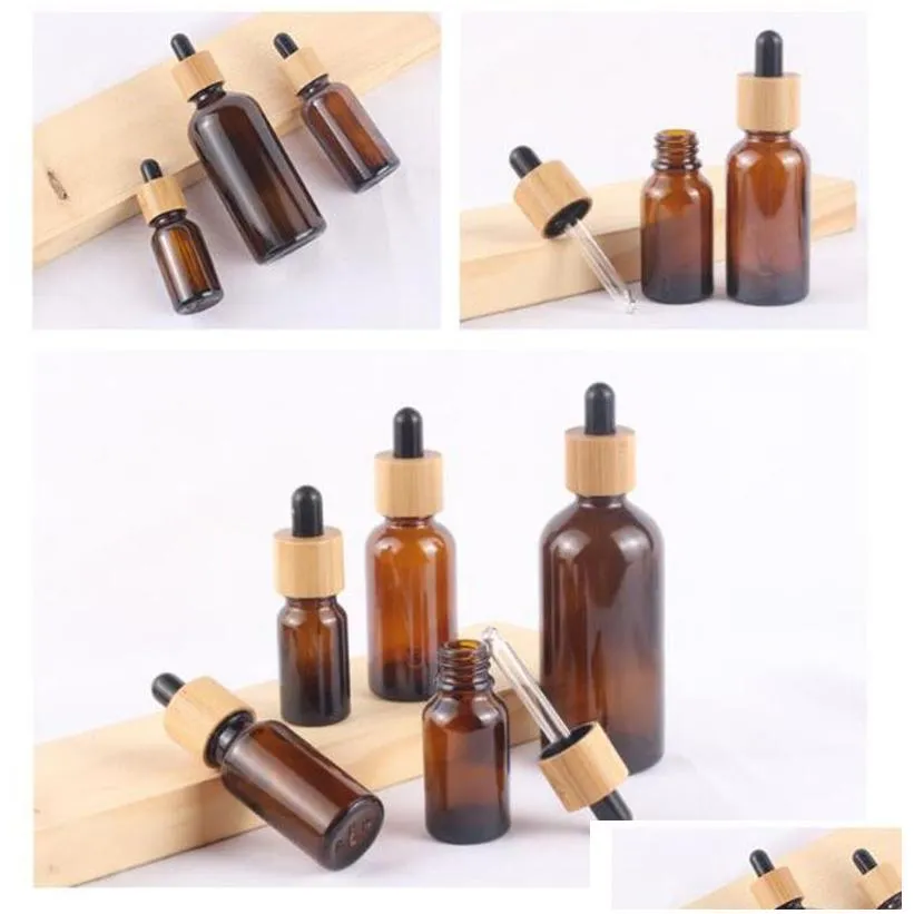 Packing Bottles Wholesale Natural Bamboo Wooden Amber Glass Essential Oil Dropper Bottles 10Ml 15Ml 20Ml 30Ml 50Ml Cosmetic Containers Dhjod