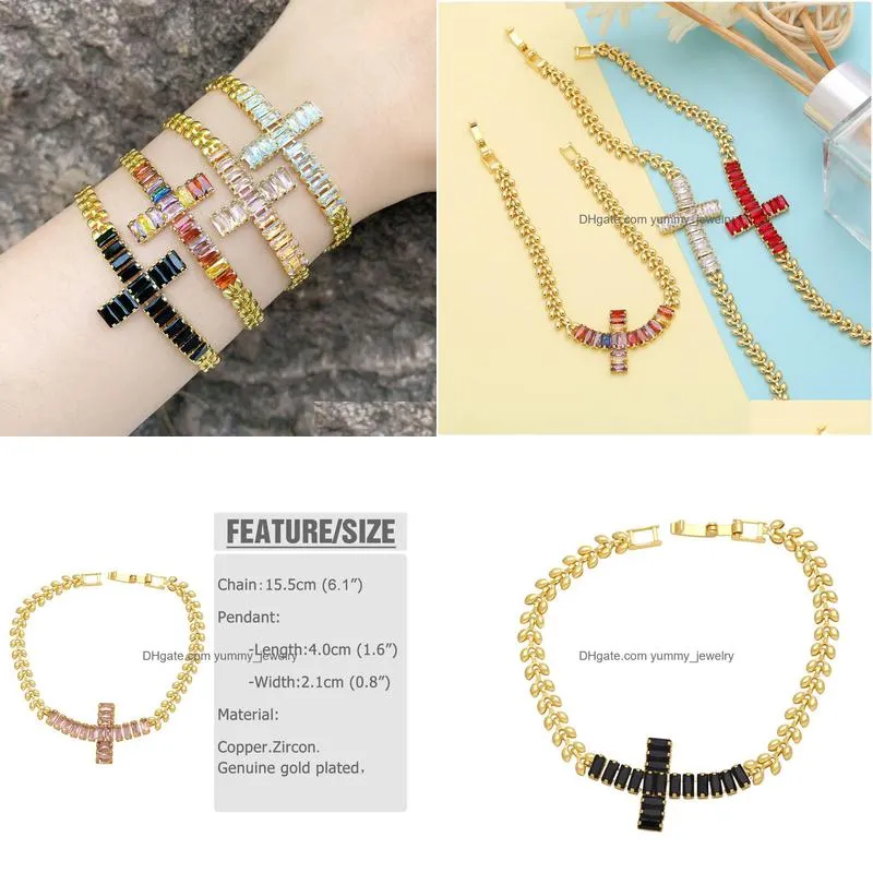 Charm Bracelets Gold Plated Leaf Chain Cross Bracelets For Women Mticolor Cz Crystal Charm Protection Jewelry Brtc13 Drop Delivery Jew Dhi8P