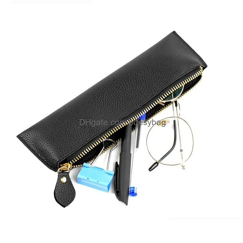 simple business pu leather zipper pencil bag for men and women large capacity waterproof learning pencil bag wholesale lx4954