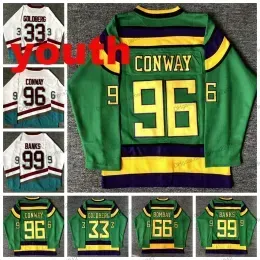 Anaheim``Ducks``Youth Kids Mighty Movie Hockey Jersey #96 Charlie Conway #99 Adam Banks #66 Gordon Bombay #33 Greg Goldberg Jerseys Stitched White Green