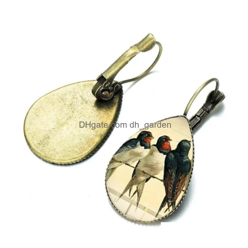 dangle chandelier colorful hummingbird earrings bronze silver plated glass picture cabochon water drop fashion animal bird jewelry
