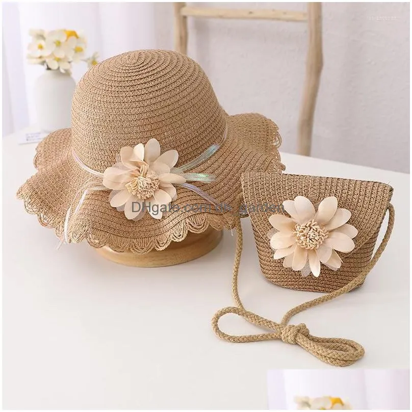 berets children summer straw hat girls floral sun cap bag for kids outdoor beach girl cute breathable baby