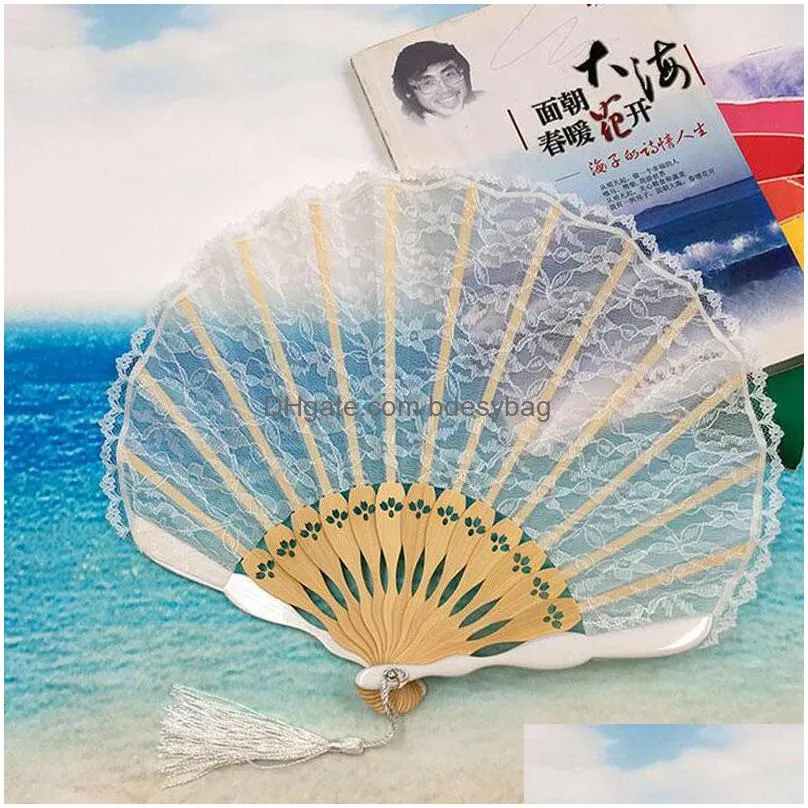 pink white retro spanish bamboo carved embroidered lace hand fan dancing party shell folding fan za4969