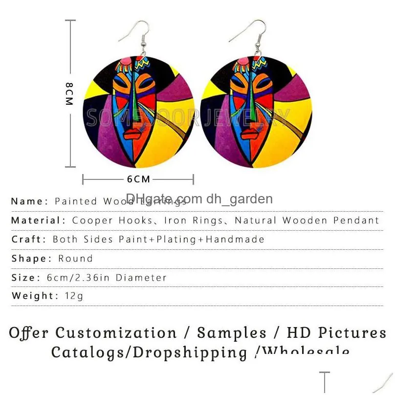 dangle earrings chandelier african ethnic black queen wooden drop both sides printed bohemian afro loops jewelry for women
