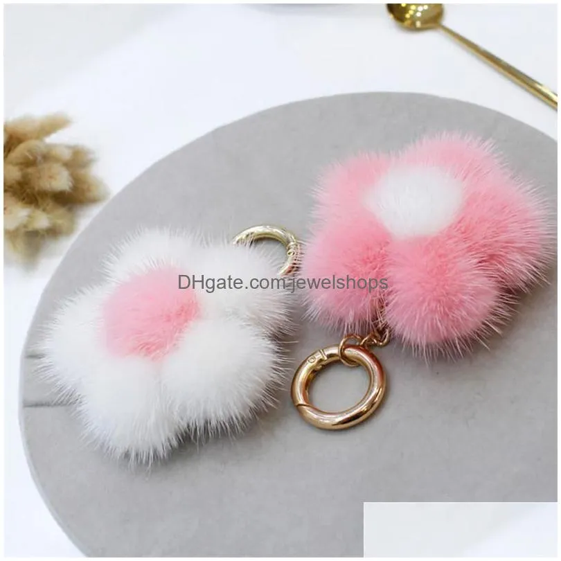 Key Rings 10Cm Real Mink Fur Ball Keychain For Handbag Car Key Ring Fashion New Flower Pompom Pendant Chains Drop Delivery Jewelry Dhhsr