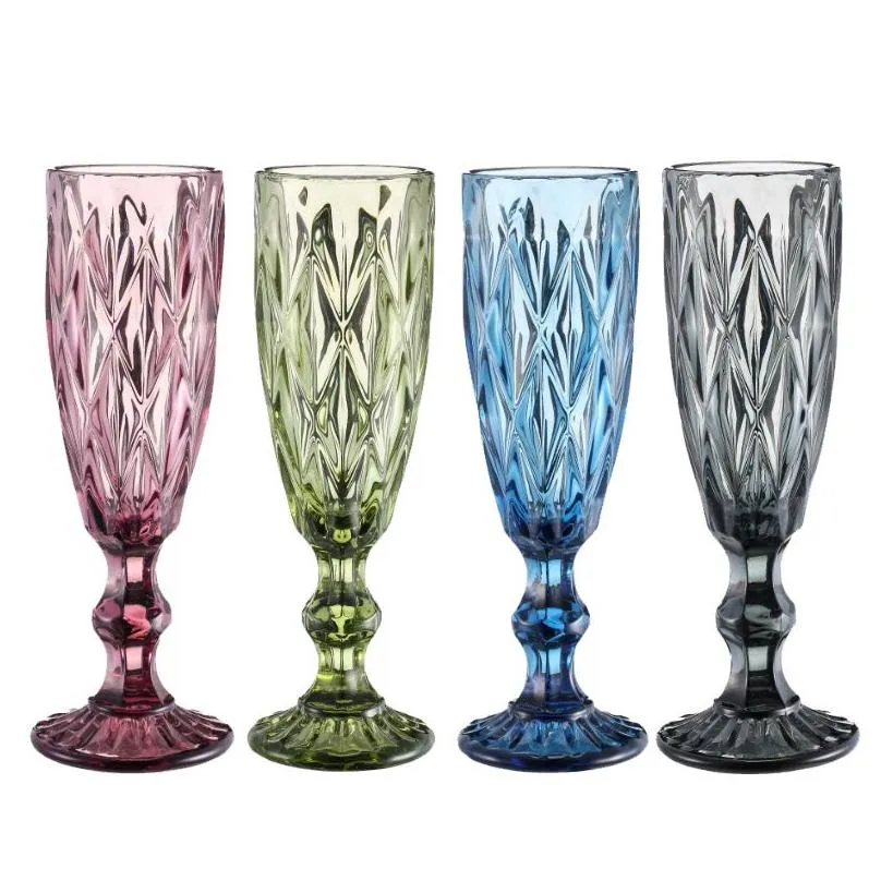 Wine Glasses 150Ml Wine Glasses Cup Colored Glass Goblet With Stem Vintage Pattern Embossed Romantic Drinkware Slim 200Mm Height Tumbl Dhndv