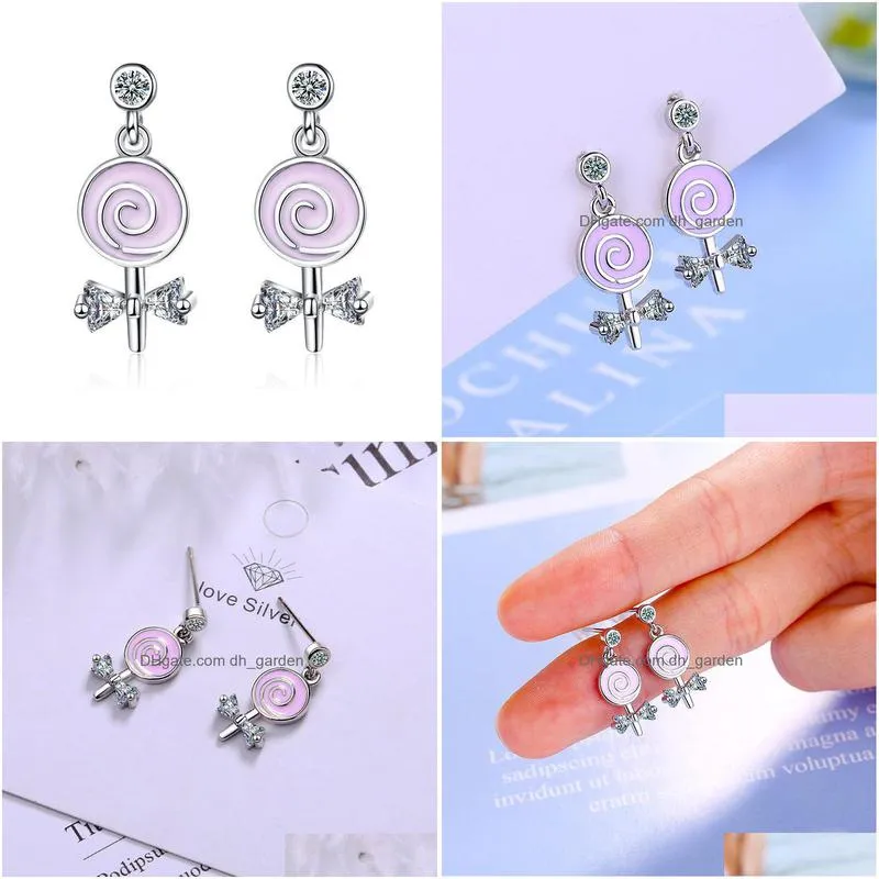 dangle chandelier girls lovely pink swirly lollipop drop earring bowknot zirconia stone tiny stud cute piercing jewelry for women