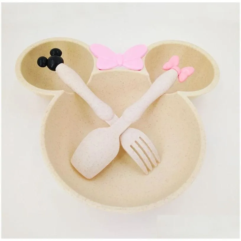 3pcs Wheat Straw Baby Cartoon Tableware Set Children`s Dishes Kids Dinner Platos Baby Feeding Plate Training Bowl Spoon Fork