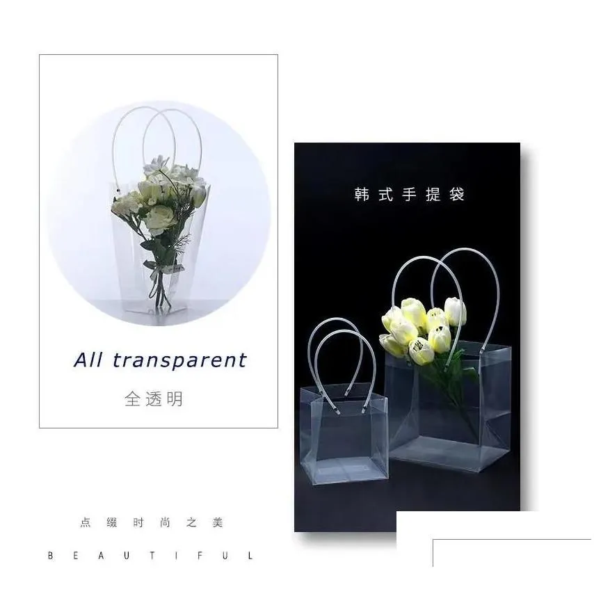 Gift Wrap Clear Flower Bouquet Gift Bag Trapezoidal Plastic Storage Handbag Pvc Packing Bags Birthday Party Holiday Handbags Large Wra Dh3Re