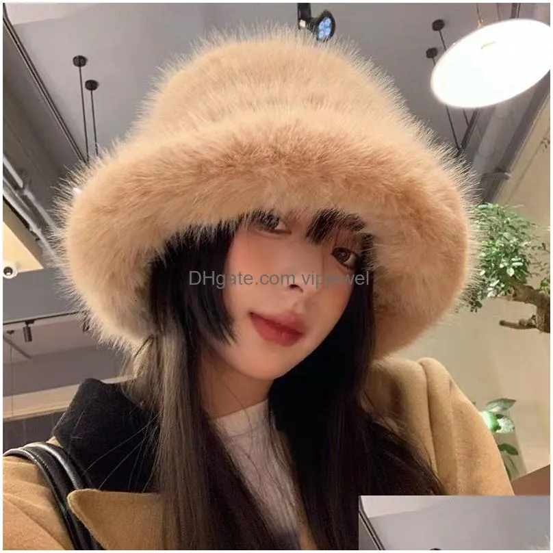 ball caps big fluffy faux fur bucket hat for women luxury plush fishermans hat warm winter fisherman hat colorful and gorgeous hat