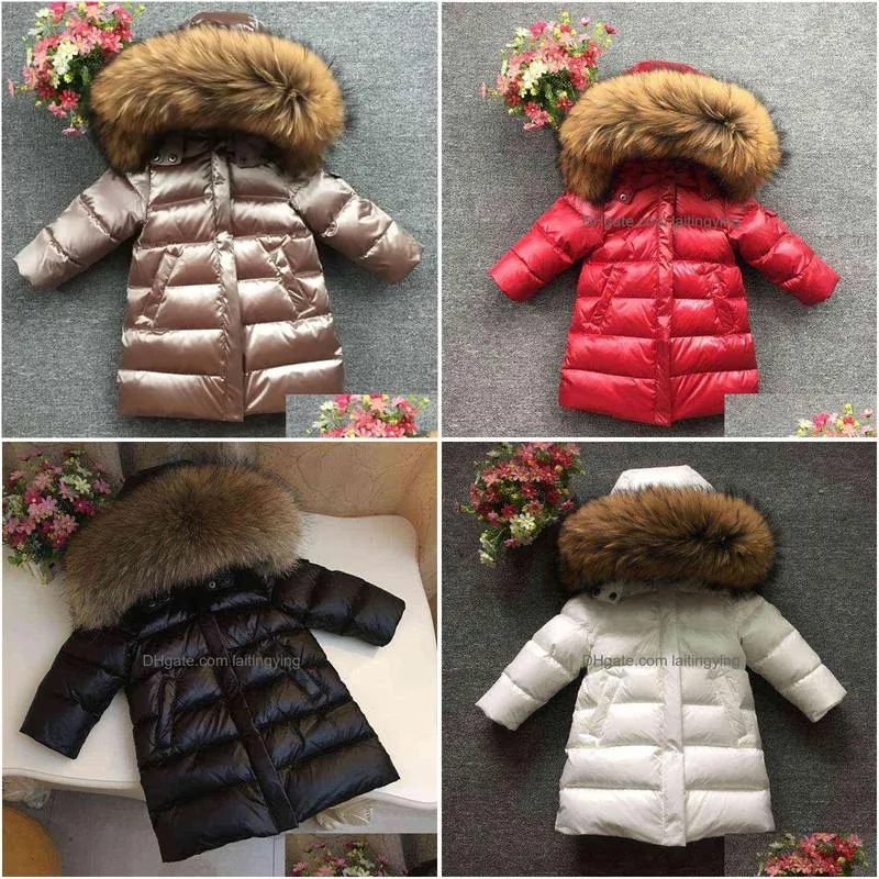 children girl boy winter real fur thickened down jackets 90 long coat jacket overcoat 1-12y baby kids clothing -30 outwear 211203