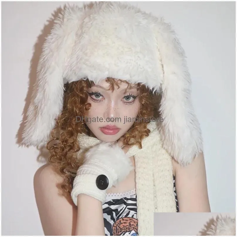 Beanie/Skull Caps Beanieskl Caps Long Ear Rabbit Hair Plush Beanies Hat Women Fluffy Warm Protection Bomber Party Personality Street F Dhenr